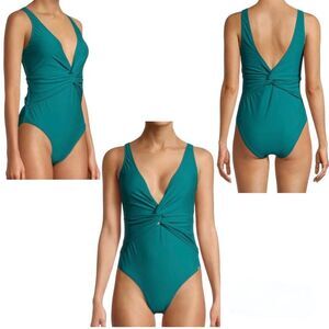 NWT Nicole Miller Twist Front One Piece Swimsuit Deep V Size Medium In Green